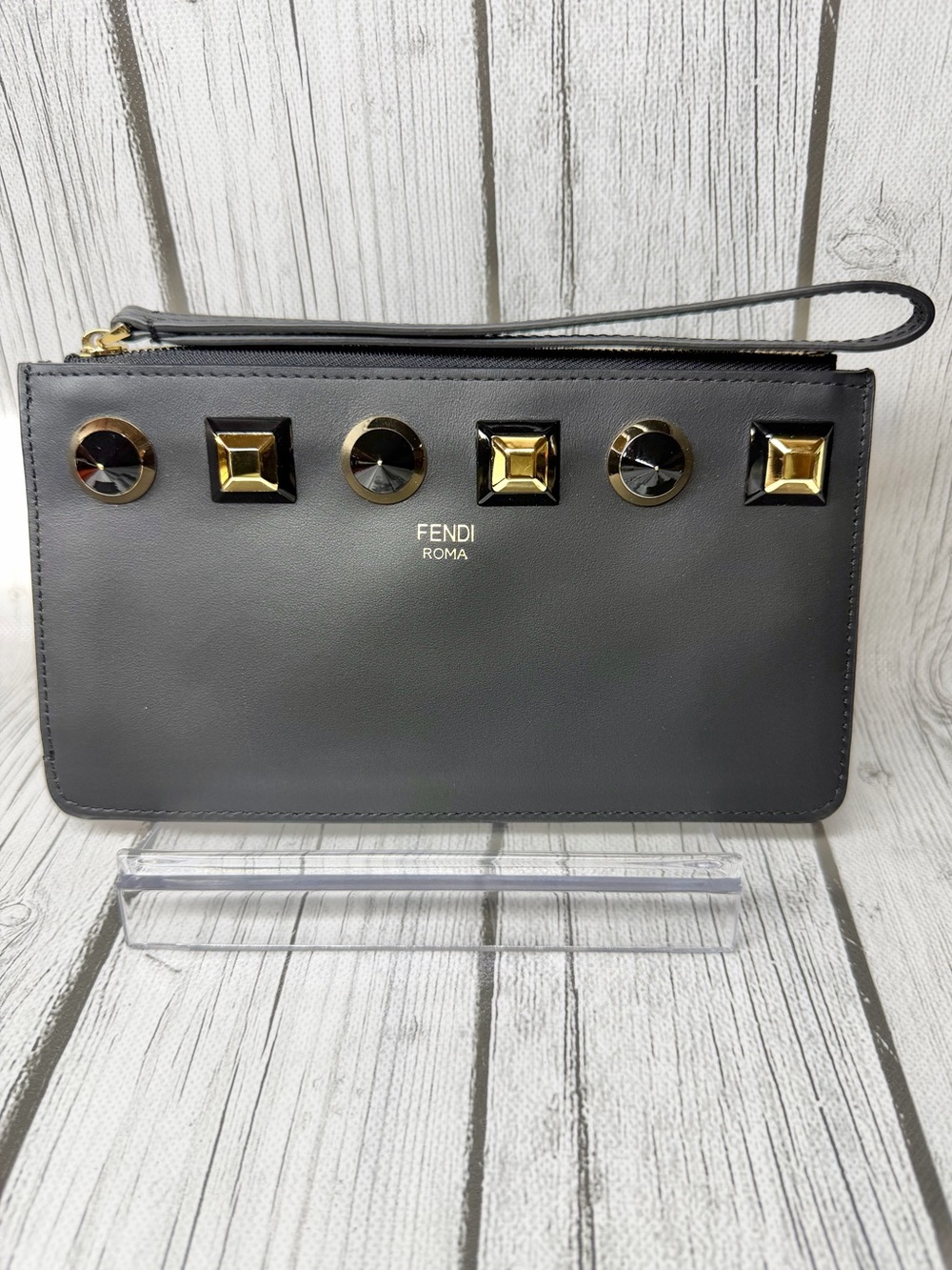 PRE LOVED Fendi Studded Leather Slim Wristlet Clutch